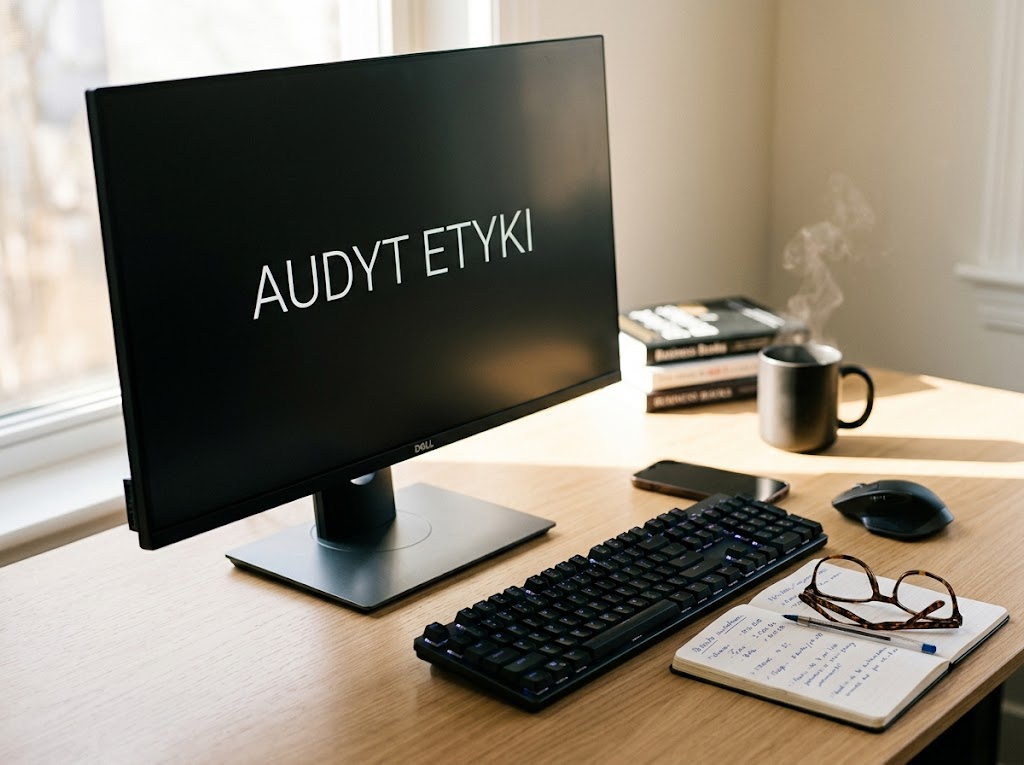 Profesjonalne zdjęcie monitora z napisem 'AUDYT ETYKI' na minimalistycznym biurku, symbolizujące audyt jak wygląda sztuczna inteligencja.