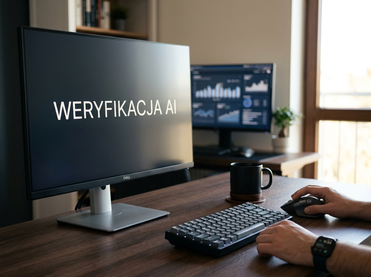 Profesjonalne zdjęcie monitora z napisem 'WERYFIKACJA AI' na biurku, symbolizujące wiarygodną sztuczną inteligencję online.