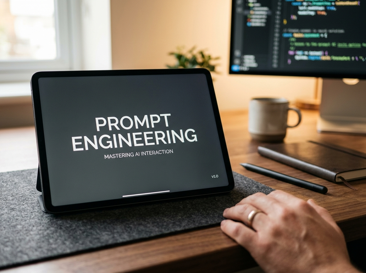 Profesjonalne zdjęcie tabletu z napisem 'PROMPT ENGINEERING', kluczowe dla zaawansowanych technik prompt ChatGPT. Dłoń na biurku programisty.
