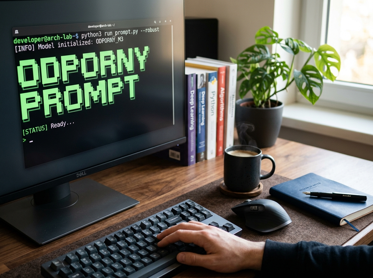 Profesjonalne zdjęcie terminala z napisem 'ODPORNY PROMPT' na biurku, symbolizujące skuteczne debugowanie prompt AI.