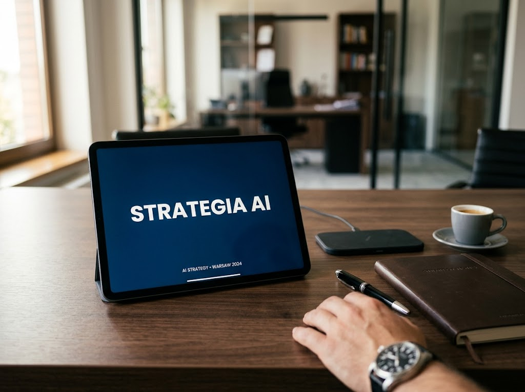 Sleek tablet z napisem 'STRATEGIA AI' na biurku, symbolizujący strategiczny kurs sztuczna inteligencja dla zarządu.