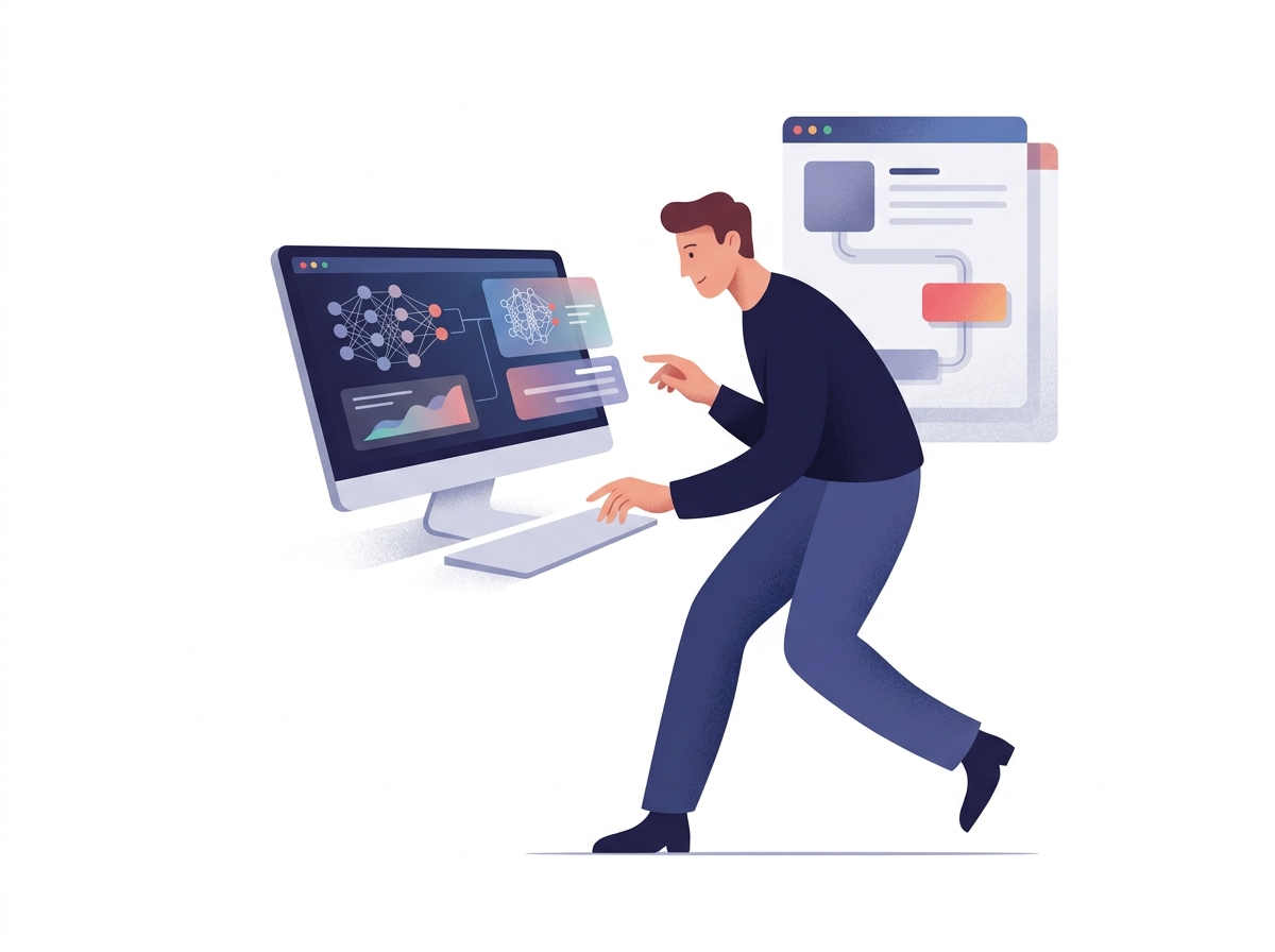 Stylizowana postać analizująca algorytmy AI na ekranie, symbolizująca rozwój po darmowy kurs ai.