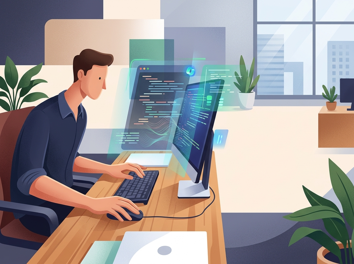 Stylizowana postać w biurze, efektywnie korzystająca z narzędzi AI na ekranie, symbolizując darmowy kurs AI.