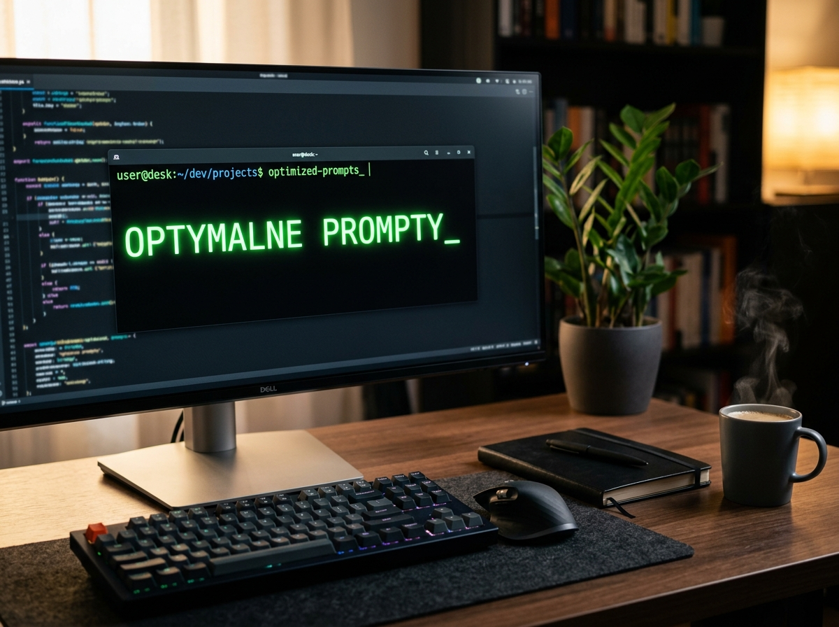 Zdjęcie biurka programisty z ekranem wyświetlającym 'OPTYMALNE PROMPTY' i klawiaturą, symbolizujące zaawansowany prompt AI.